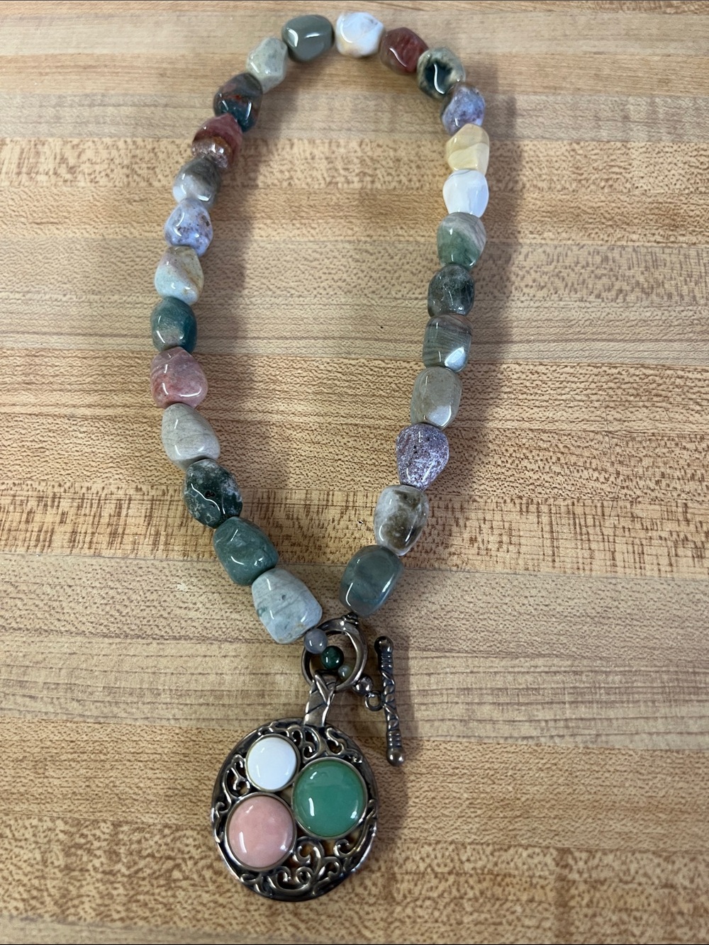 Vintage Multicolor Bead Necklace with Green, Pink & White Stones - Vintage